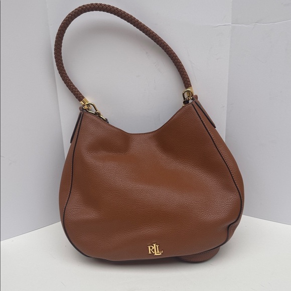 Lauren Ralph Lauren Charli pebbled leather shoulder bag brown color woven strap - Picture 6 of 12
